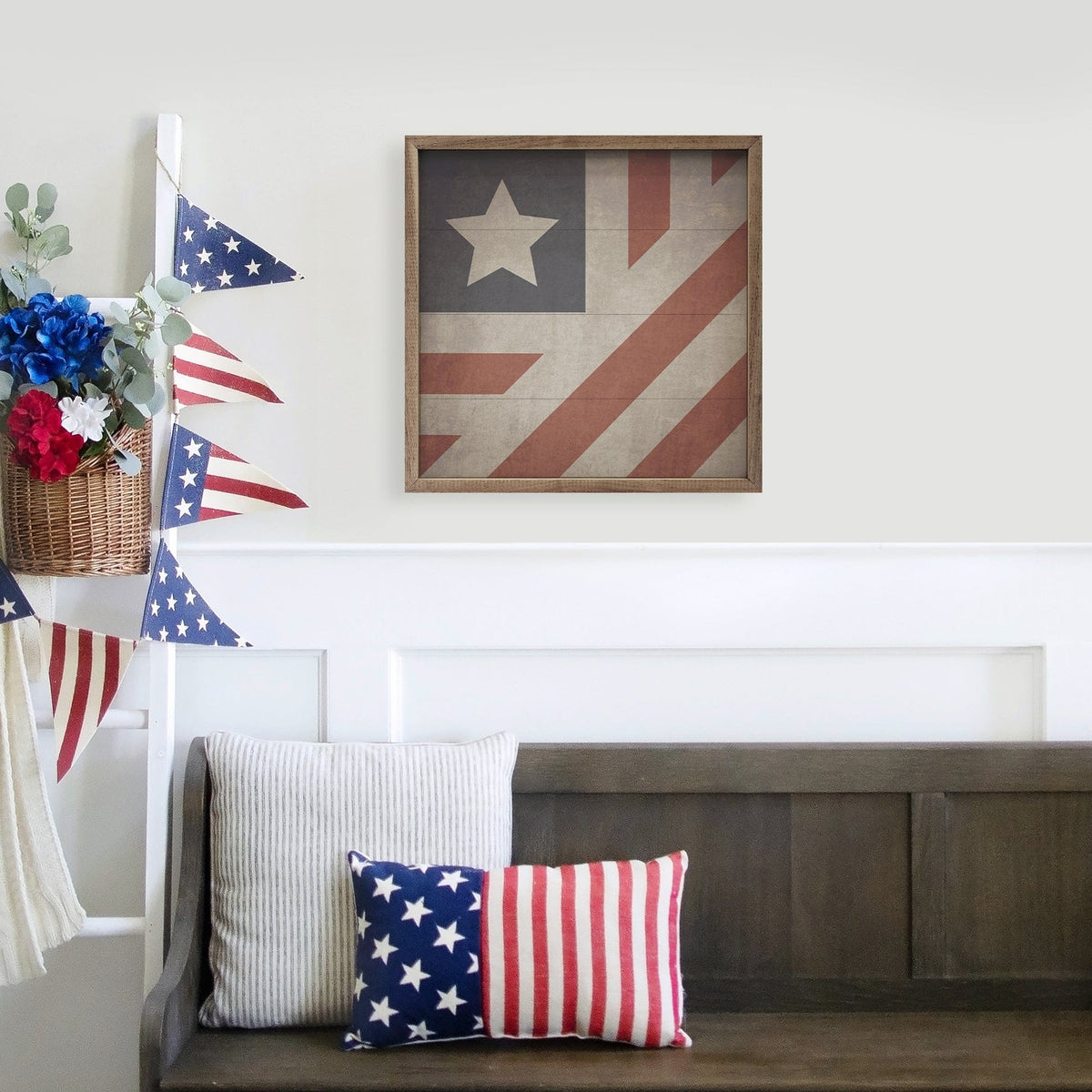 Kendrick Home Walnut Frames Quilt American Flag Printed and Framed Wall Sign