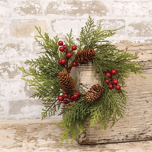 Real Touch Mixed Cedar & Red Berry Candle Ring / Wreath 3.5" Inner Diameter