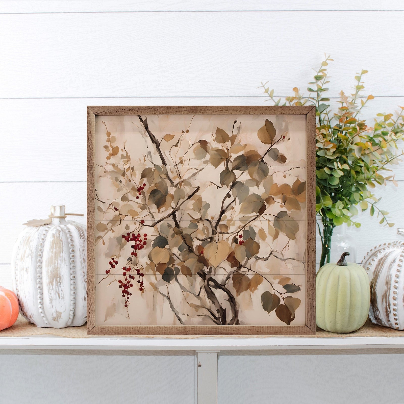 Kendrick Home Walnut Frames 4x4 Red Berries On Branch Printed and Framed Wall Sign