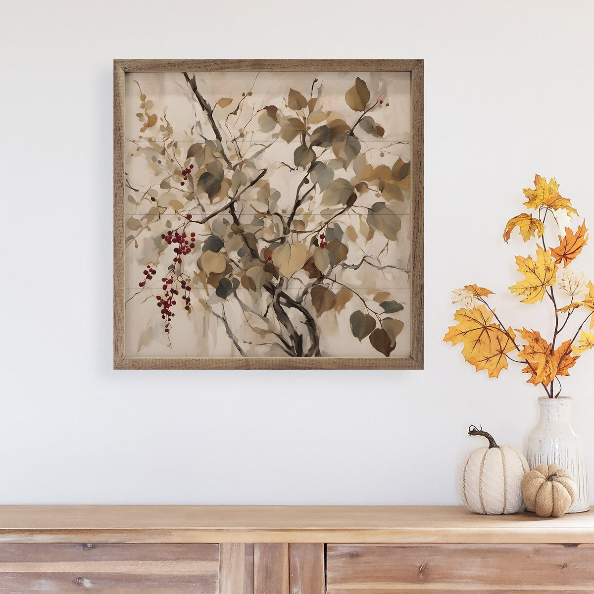 Kendrick Home Walnut Frames Red Berries On Branch Printed and Framed Wall Sign