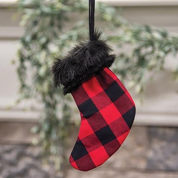 Red &amp; Black Buffalo Check and Faux Fur Stocking Ornament-Craft Wholesalers-The Village Merchant