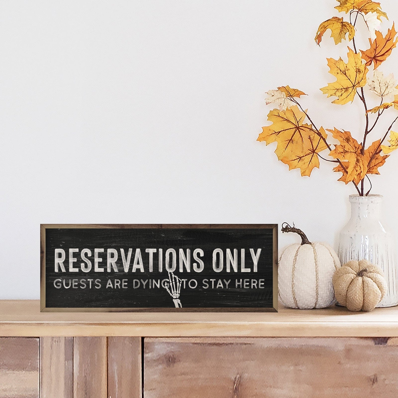 Kendrick Home Walnut Frames 12x4 Reservations Only Skeleton Hand Black Printed and Framed Wall Sign