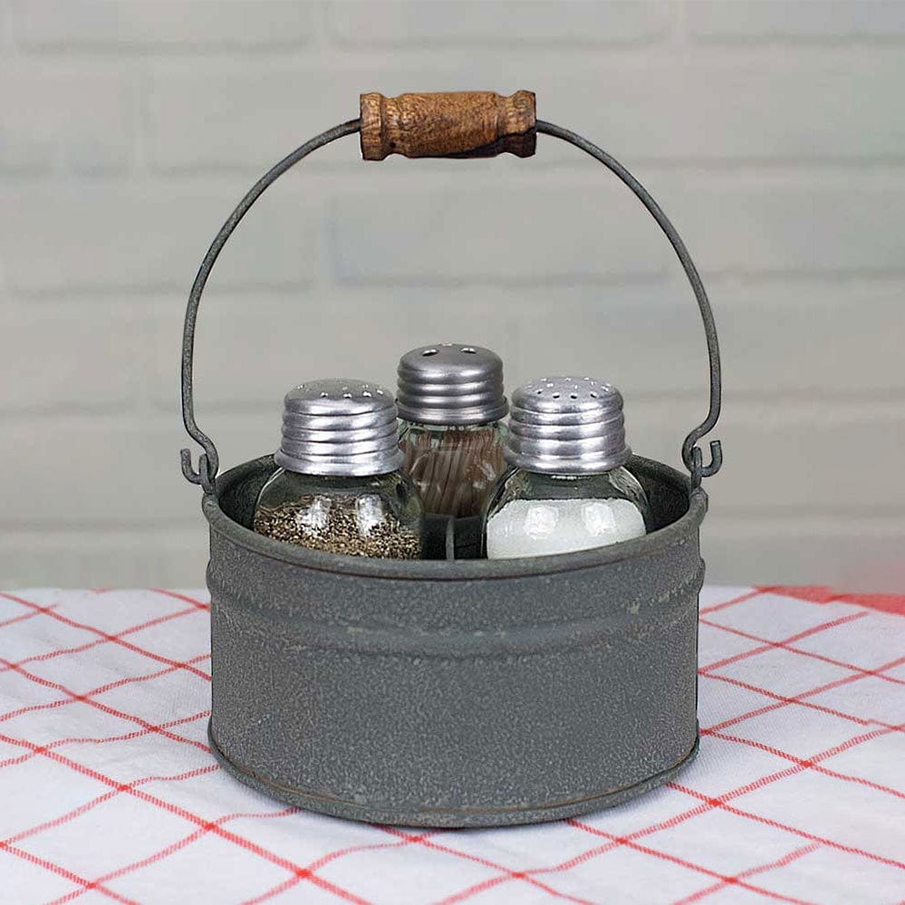 Round Bucket Barn Roof Mini Mason Jar Salt &amp; Pepper Shakers w/ Toothpick Holder &amp; Caddy