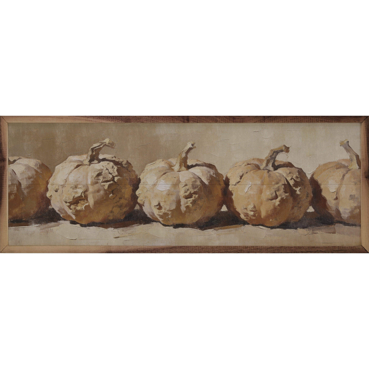 Kendrick Home Walnut Frames 12x4 Row Of White Harvest Pumpkins Printed and Framed Wall Sign