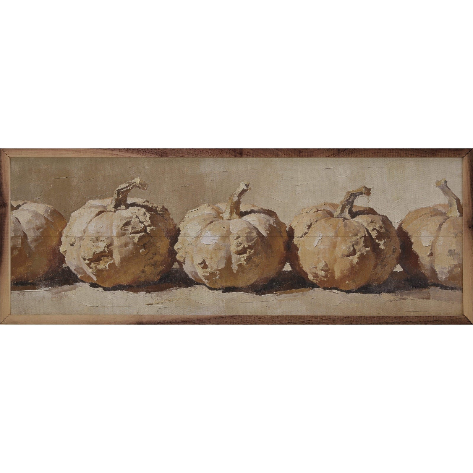 Kendrick Home Walnut Frames 12x4 Row Of White Harvest Pumpkins Printed and Framed Wall Sign