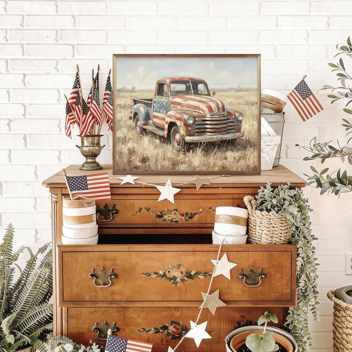 Rustic Americana Flag Truck Printed and Framed Wall Sign