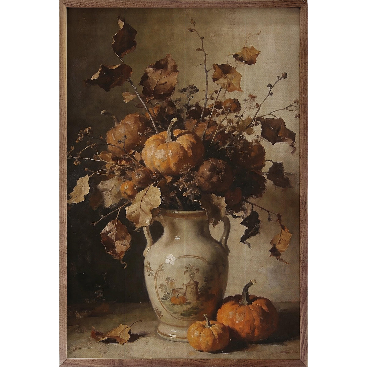 Kendrick Home Walnut Frames 5x8 Rustic Autumn Floral With Harvest Pumpkins Printed and Framed Wall Sign