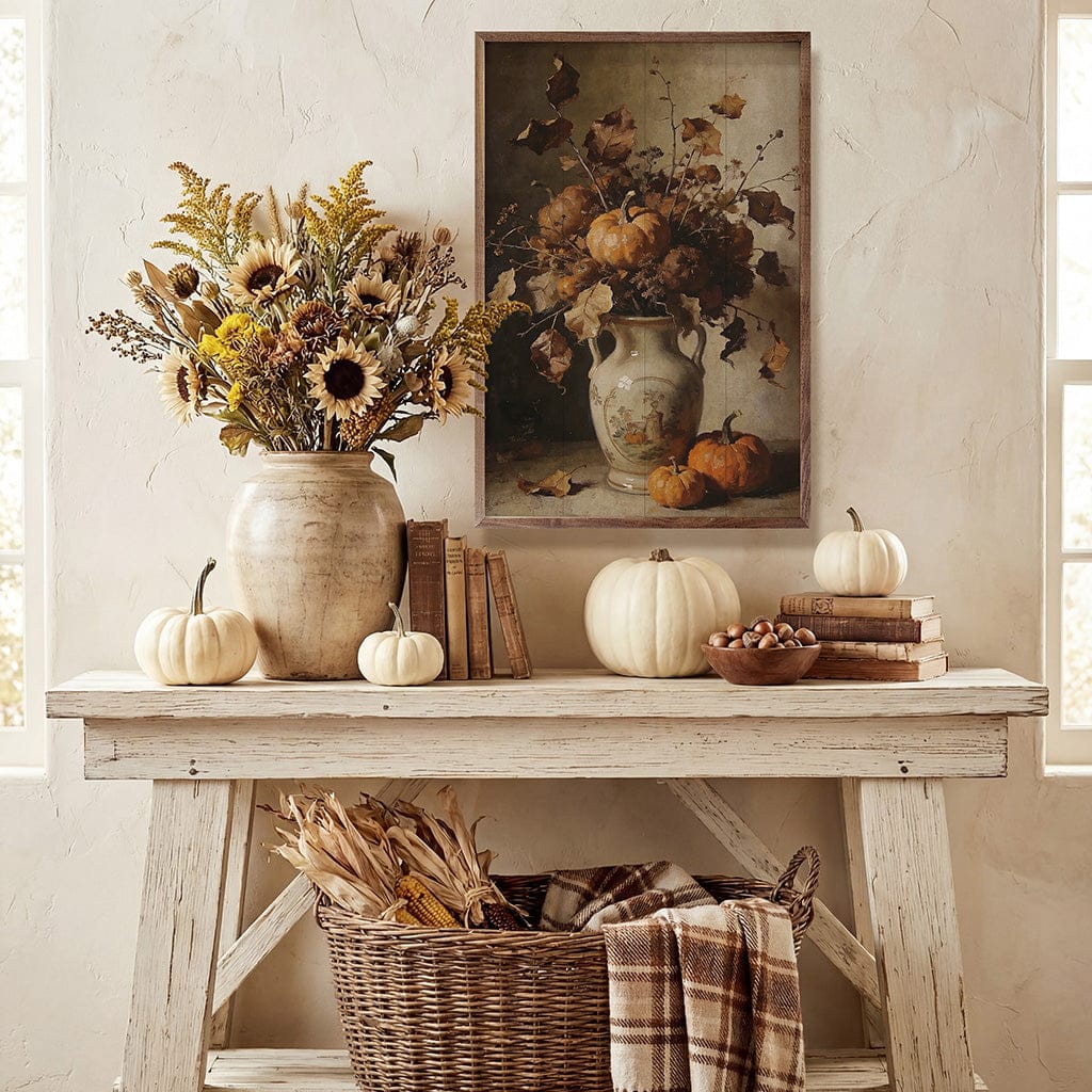 Kendrick Home Walnut Frames Rustic Autumn Floral With Harvest Pumpkins Printed and Framed Wall Sign