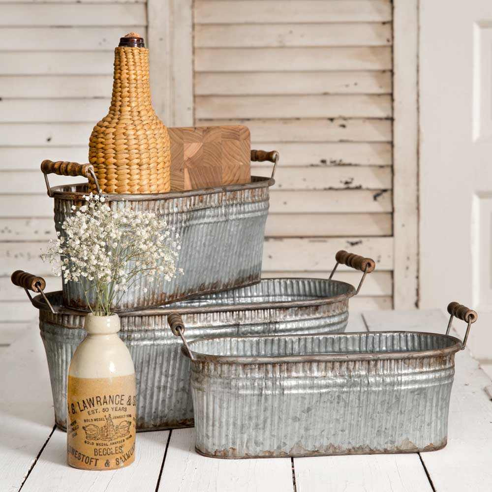 Rustic Farmhouse Handled Metal Storage Baskets Set of 3