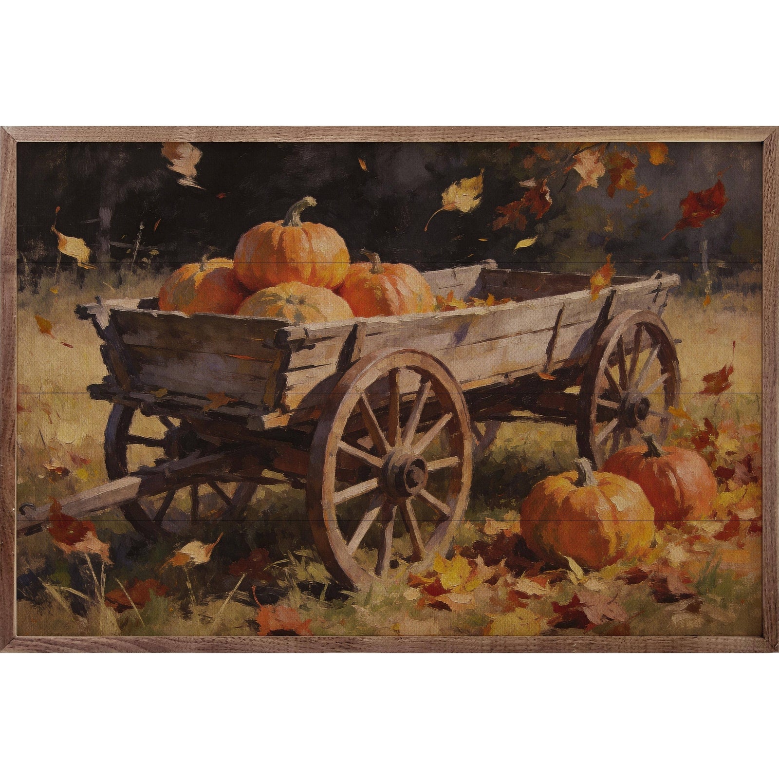 Kendrick Home Walnut Frames 8x5 Rustic Harvest Wagon With Pumpkins Printed and Framed Wall Sign