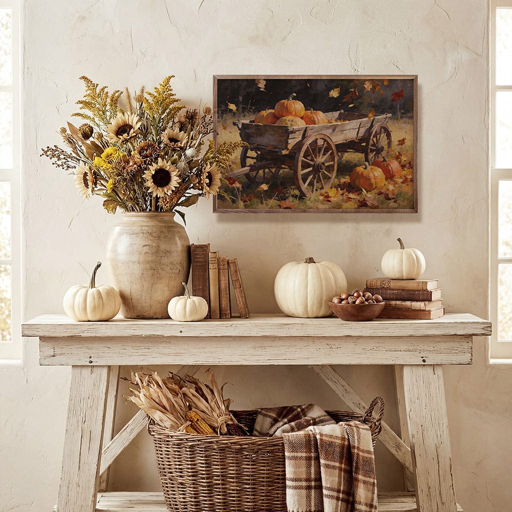 Kendrick Home Walnut Frames Rustic Harvest Wagon With Pumpkins Printed and Framed Wall Sign