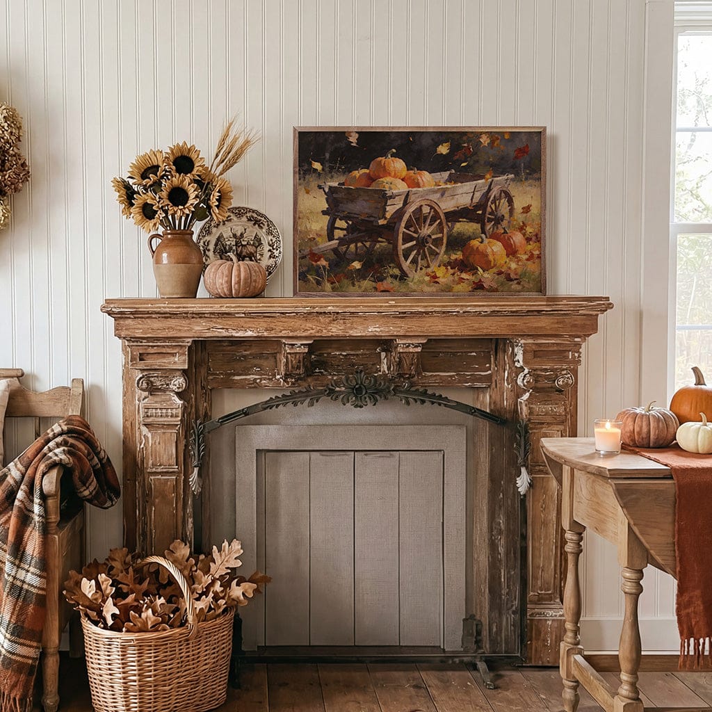 Kendrick Home Walnut Frames 8x5 Rustic Harvest Wagon With Pumpkins Printed and Framed Wall Sign