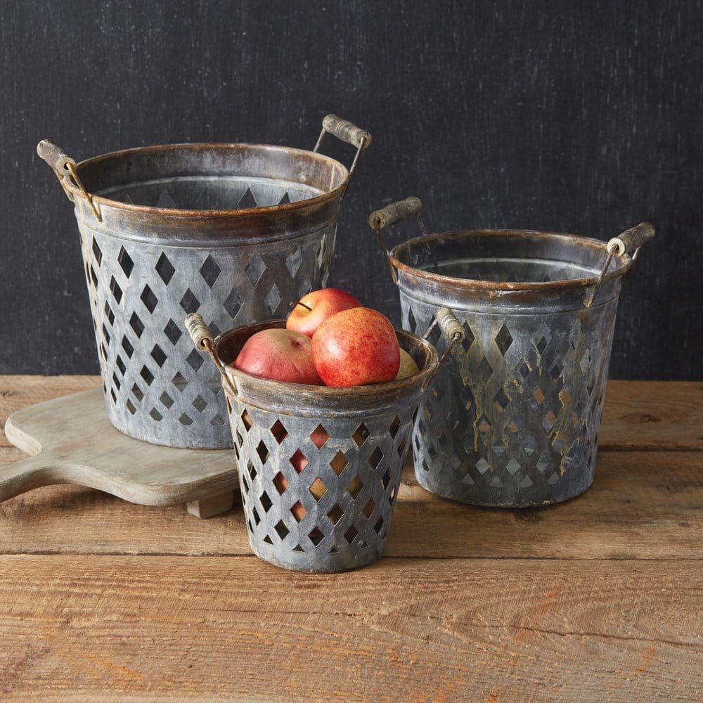 Rustic Open Diamond Weave Metal Buckets With Wooden Handles Set of 3-CTW Home-The Village Merchant