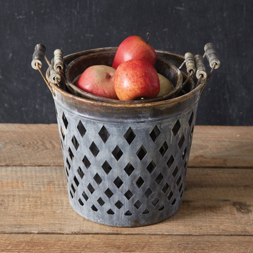 Rustic Open Diamond Weave Metal Buckets With Wooden Handles Set of 3-CTW Home-The Village Merchant