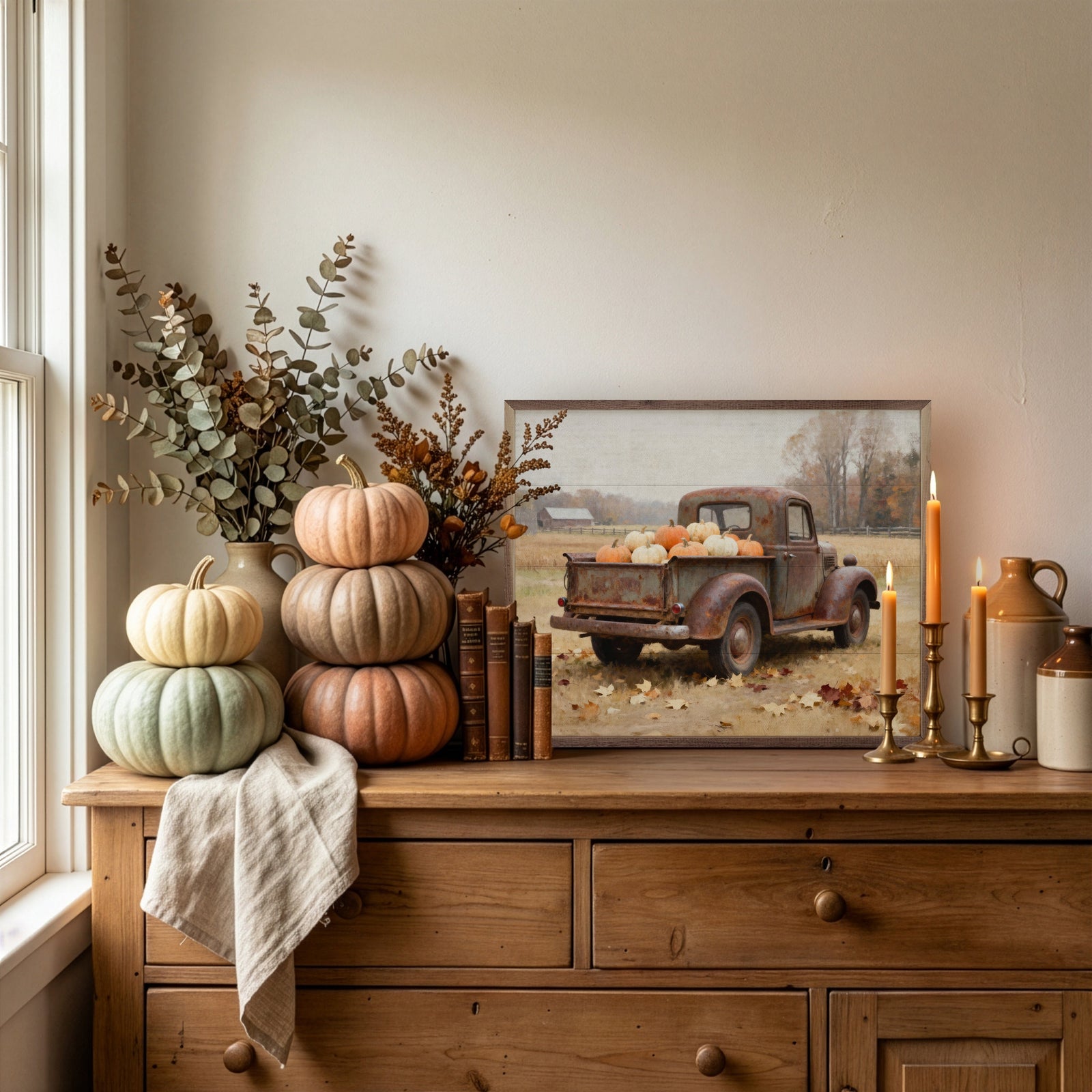 Kendrick Home Walnut Frames 10x8 Rusty Truck With Pumpkin Harvest Printed and Framed Wall Sign