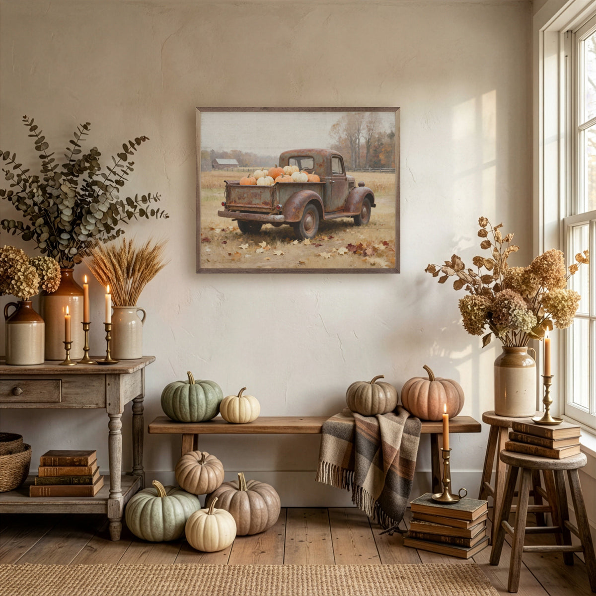 Kendrick Home Walnut Frames Rusty Truck With Pumpkin Harvest Printed and Framed Wall Sign
