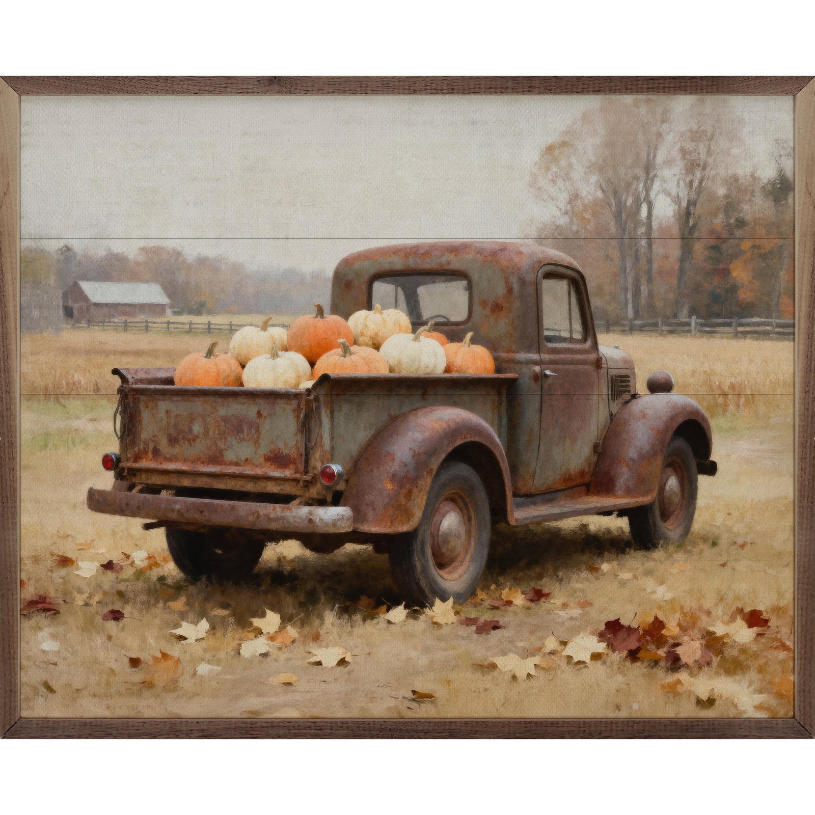 Kendrick Home Walnut Frames 10x8 Rusty Truck With Pumpkin Harvest Printed and Framed Wall Sign