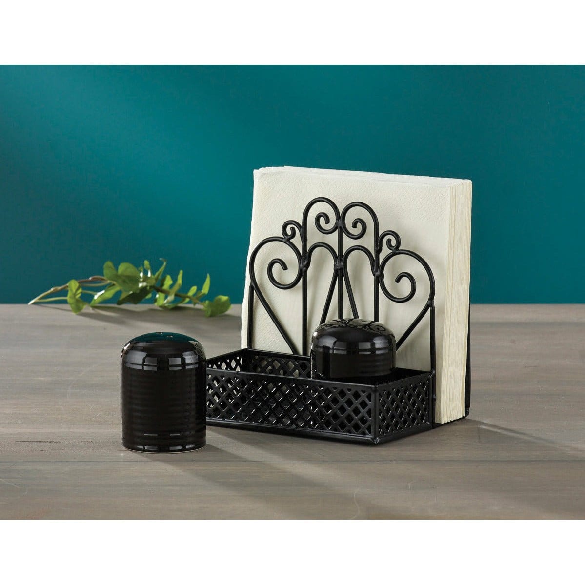 Salt & Pepper Holder in Black Napkin Holder W/ Salt & Pepper Shakers-Park Designs-The Village Merchant
