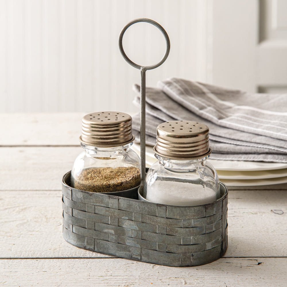 Salt &amp; Pepper Shakers in Galvanized Metal Basket Weave Caddy With Ring-CTW Home-The Village Merchant