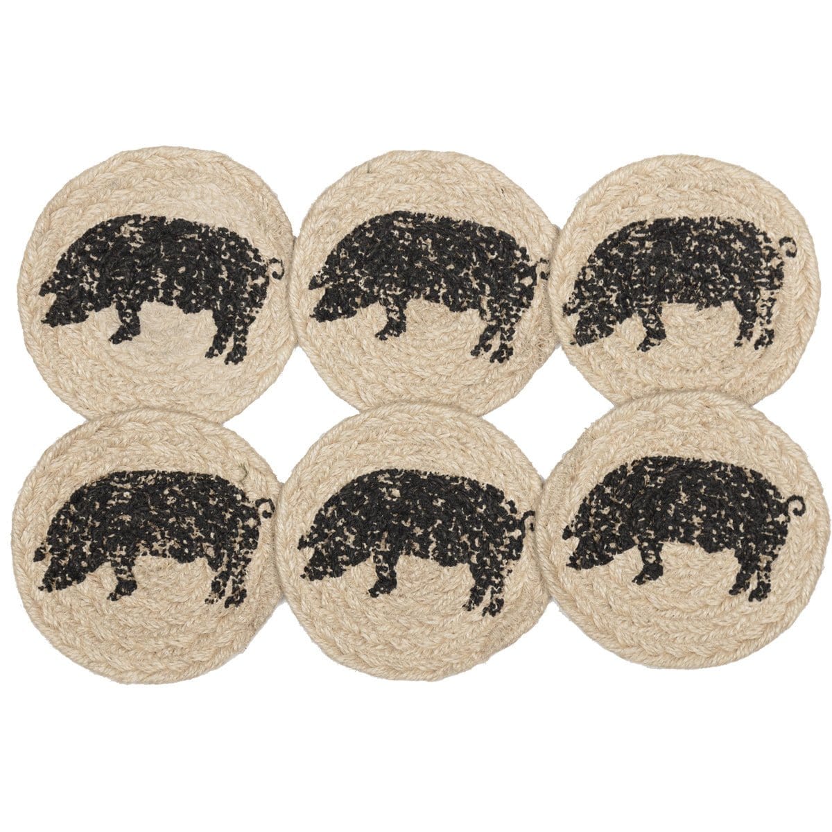 Sawyer Mill Charcoal Pig Braided &amp; Stenciled Coaster Round Set of 6-Craft Wholesalers-The Village Merchant