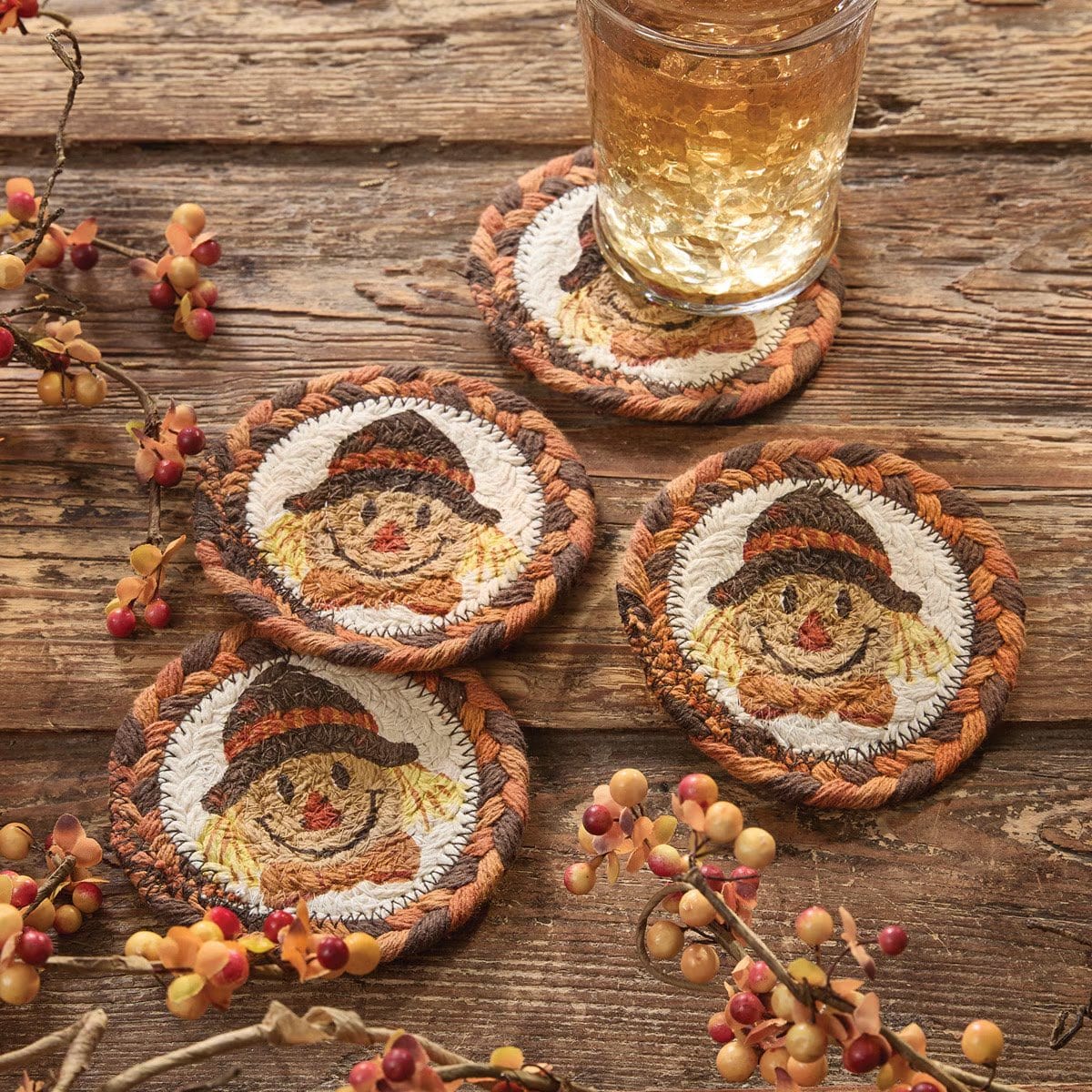 Scarecrow Braided & Printed Coaster Round Set of 4