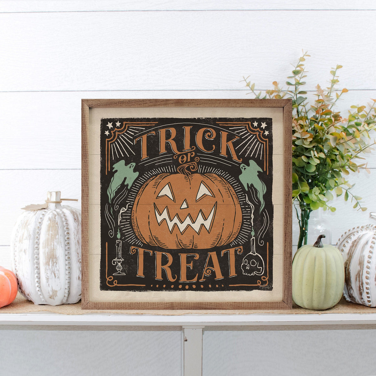 Kendrick Home Walnut Frames Scaredy Cats II Trick Or Treat By Janelle Penner Printed and Framed Wall Sign