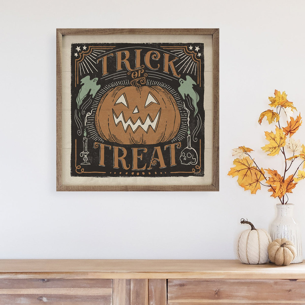 Kendrick Home Walnut Frames Scaredy Cats II Trick Or Treat By Janelle Penner Printed and Framed Wall Sign