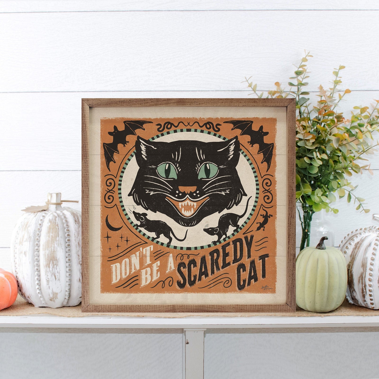 Kendrick Home Walnut Frames 4x4 Scaredy Cats III By Janelle Penner Printed and Framed Wall Sign