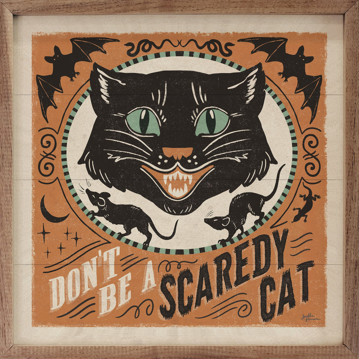 Kendrick Home Walnut Frames 4x4 Scaredy Cats III By Janelle Penner Printed and Framed Wall Sign