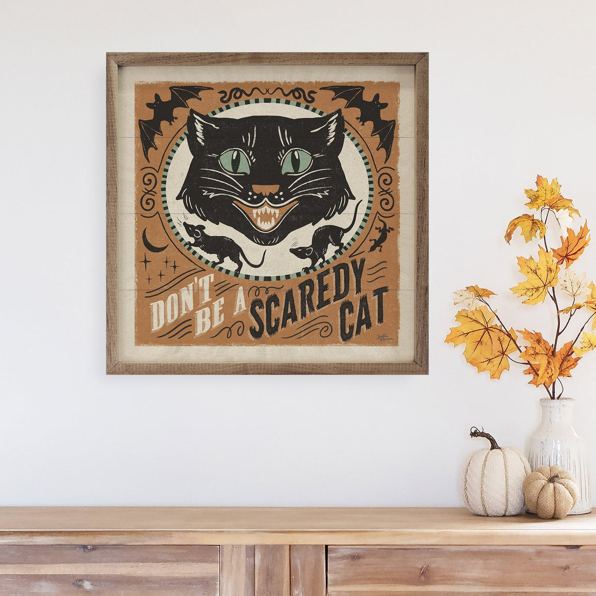 Kendrick Home Walnut Frames Scaredy Cats III By Janelle Penner Printed and Framed Wall Sign