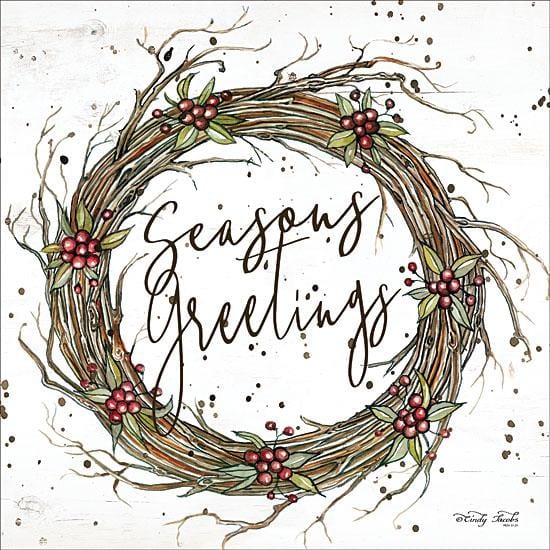 Penny Lane Publishing Seasons Greetings Berry Wreath By Cindy Jacobs Art Print - 12 X 12