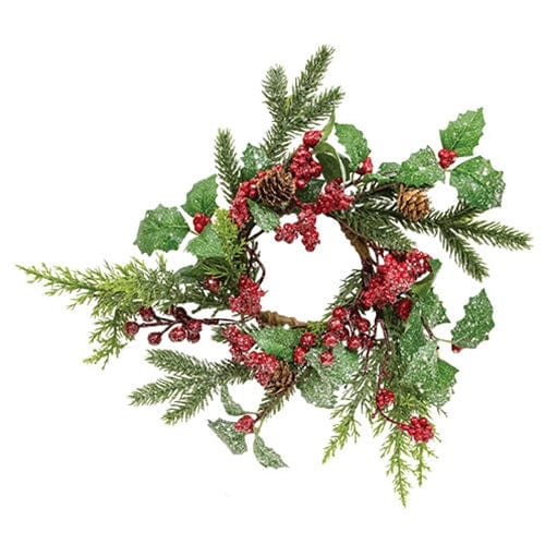 Shimmering Holly Pine & Berries Candle Ring / Wreath 3.5" Inner Diameter