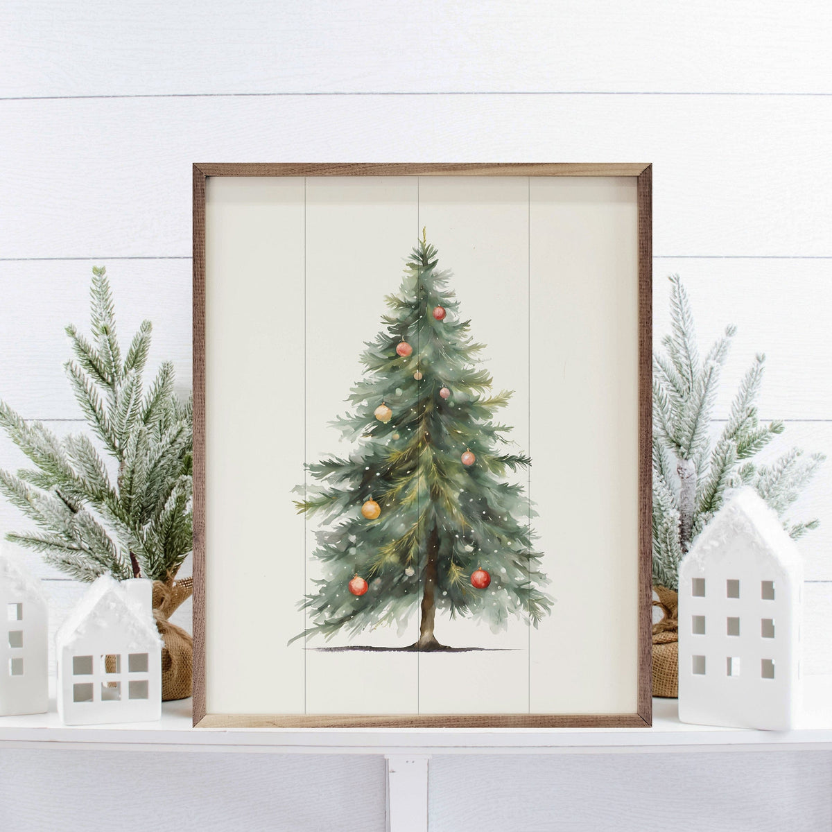 Kendrick Home Walnut Frames Simple Christmas Tree White Printed and Framed Wall Sign