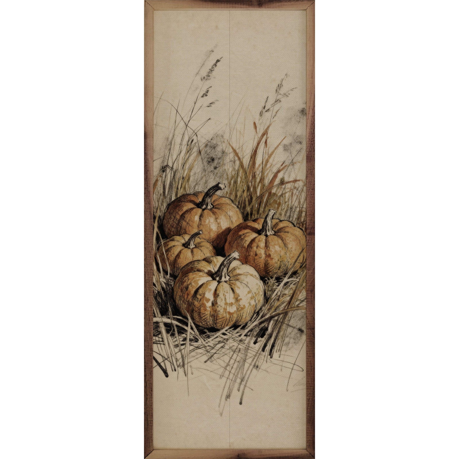 Kendrick Home Walnut Frames 4x12 Simple Pumpkins And Grass Printed and Framed Wall Sign