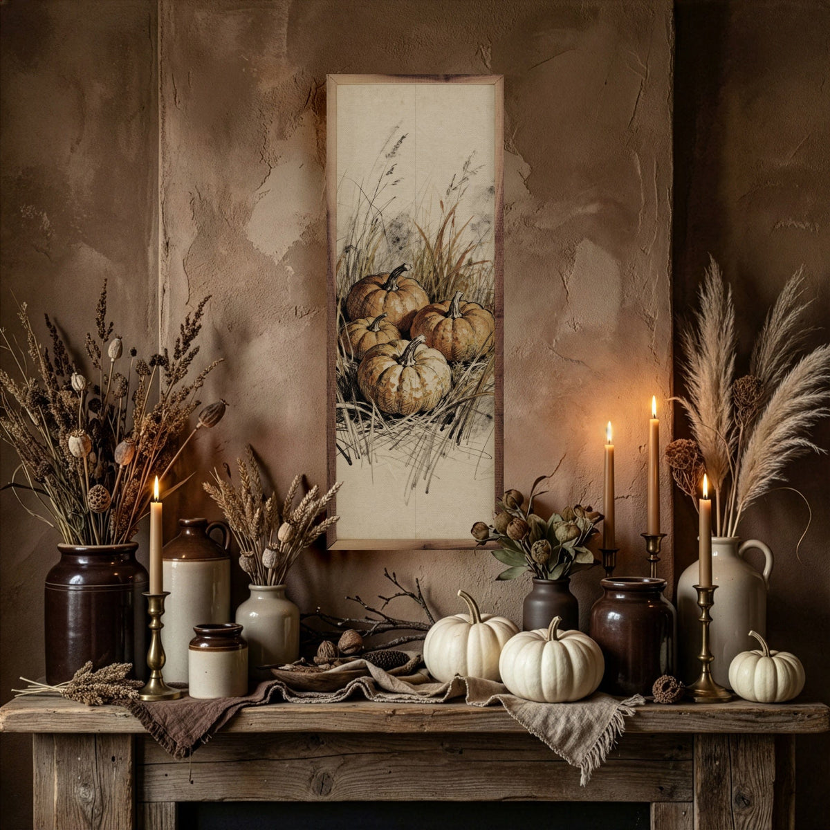 Kendrick Home Walnut Frames Simple Pumpkins And Grass Printed and Framed Wall Sign
