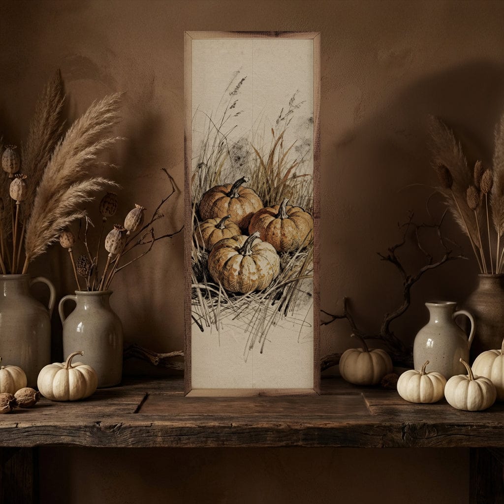 Kendrick Home Walnut Frames Simple Pumpkins And Grass Printed and Framed Wall Sign