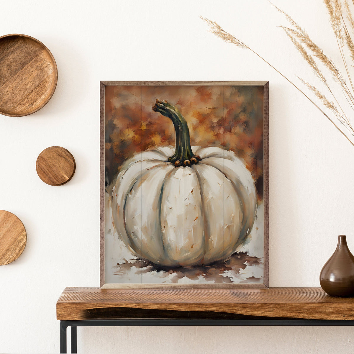 Kendrick Home Walnut Frames Single White Pumpkin Printed and Framed Wall Sign