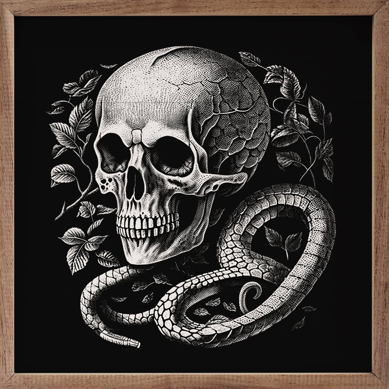 Kendrick Home Walnut Frames 4x4 Skull And Snake Black Printed and Framed Wall Sign