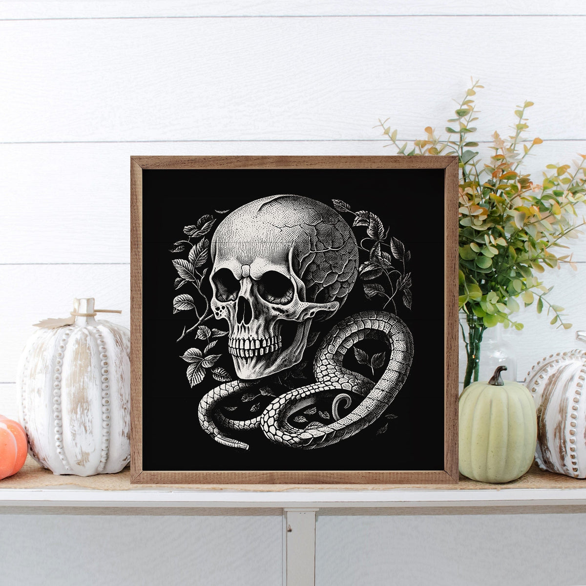 Kendrick Home Walnut Frames Skull And Snake Black Printed and Framed Wall Sign