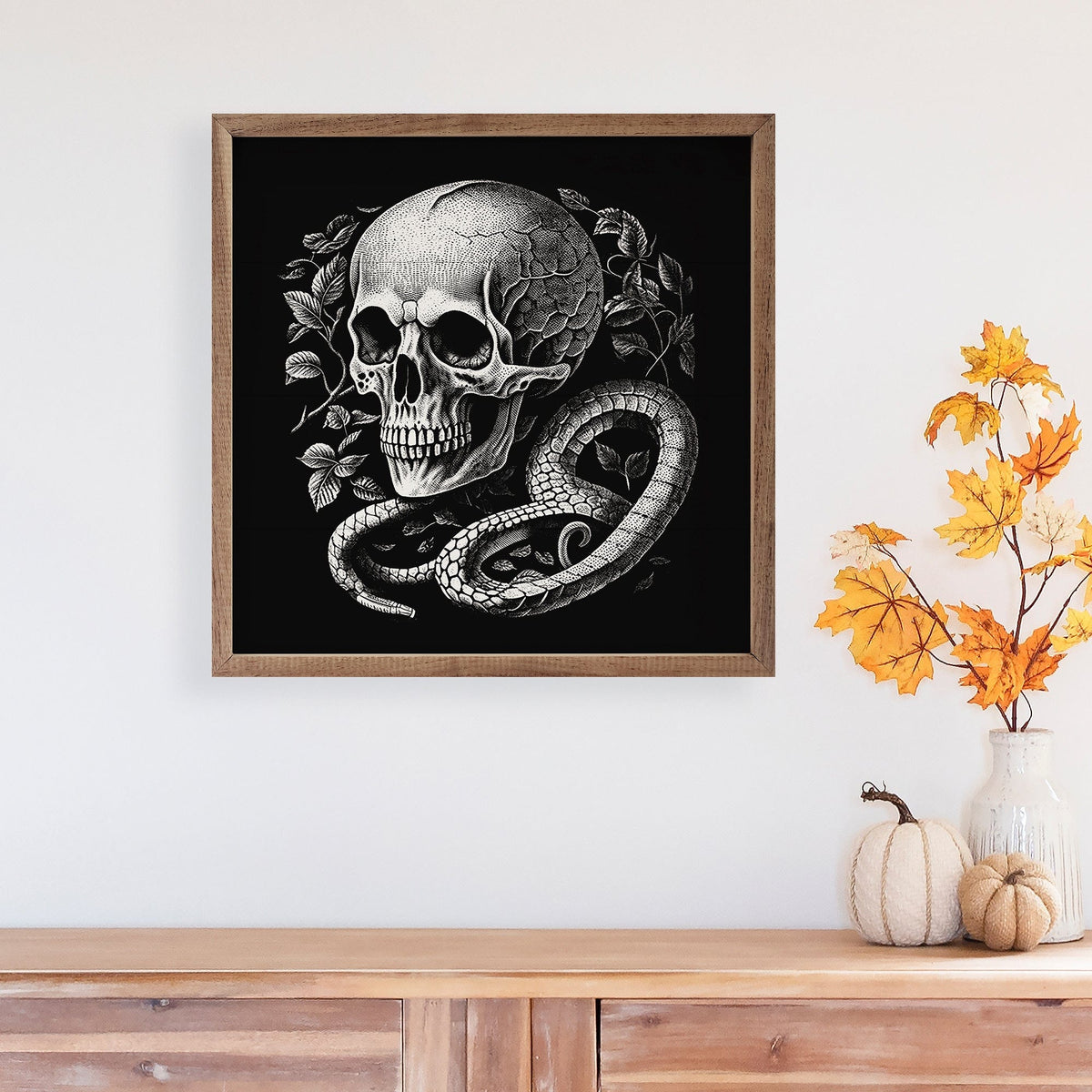 Kendrick Home Walnut Frames Skull And Snake Black Printed and Framed Wall Sign