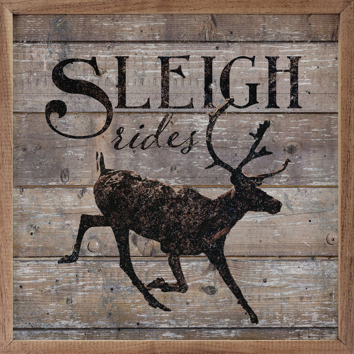 Kendrick Home Walnut Frames 4x4 Sleigh Rides Reindeer Brown Printed and Framed Wall Sign
