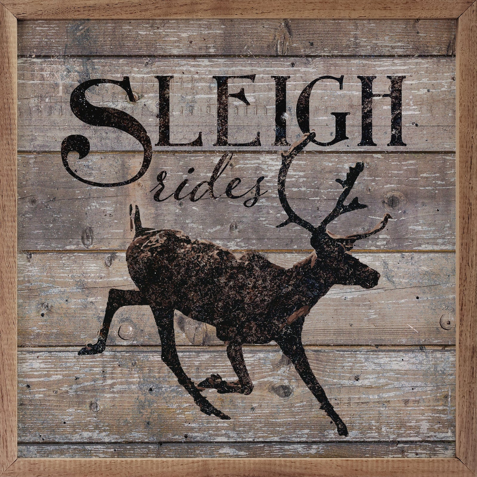 Kendrick Home Walnut Frames 4x4 Sleigh Rides Reindeer Brown Printed and Framed Wall Sign