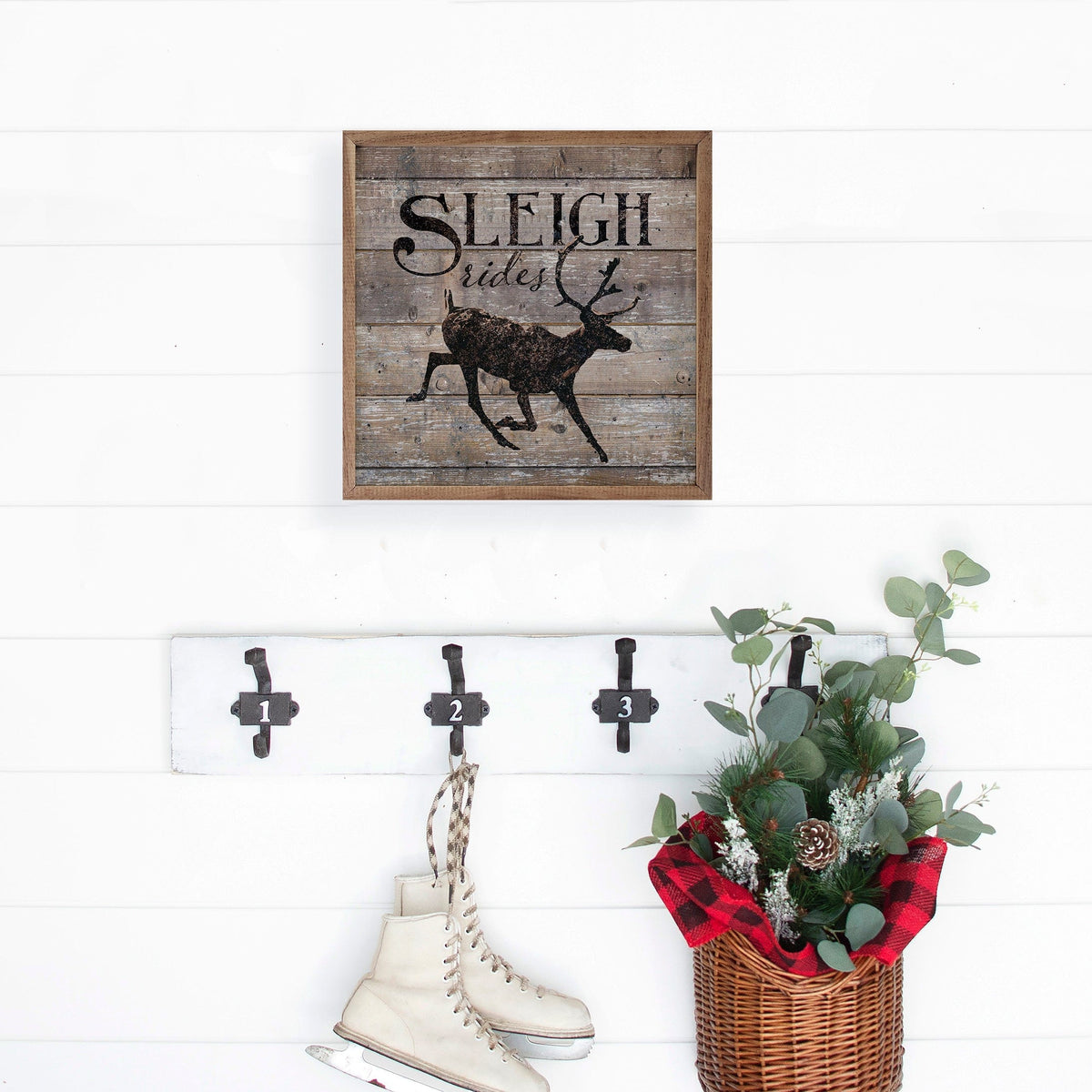 Kendrick Home Walnut Frames Sleigh Rides Reindeer Brown Printed and Framed Wall Sign