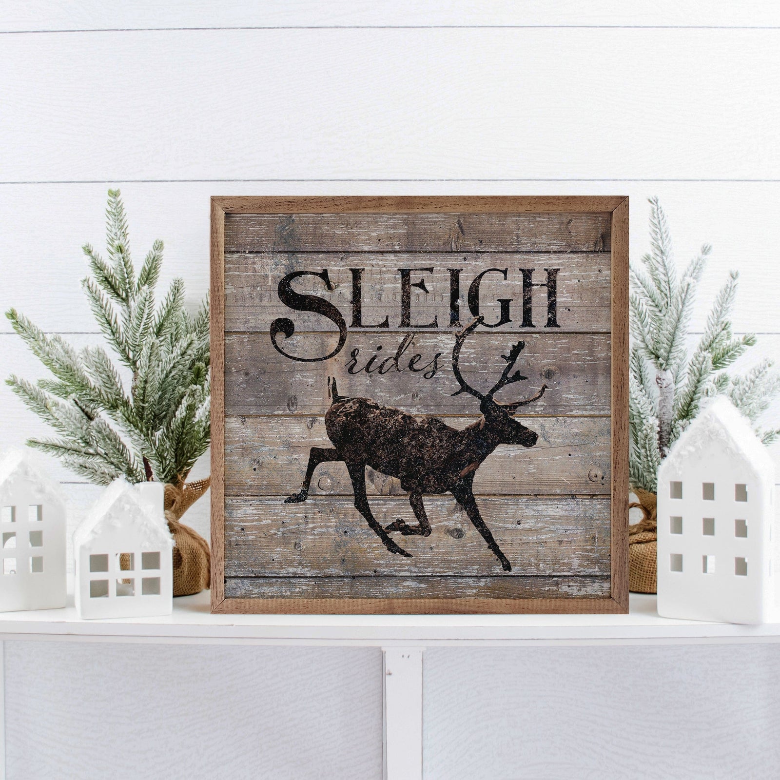 Kendrick Home Walnut Frames 4x4 Sleigh Rides Reindeer Brown Printed and Framed Wall Sign