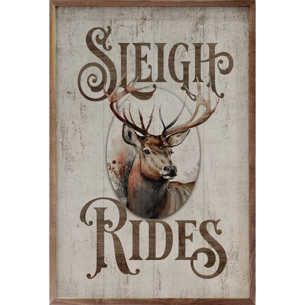 Kendrick Home Walnut Frames 5x8 Sleigh Rides Reindeer Classic Whitewash Printed and Framed Wall Sign