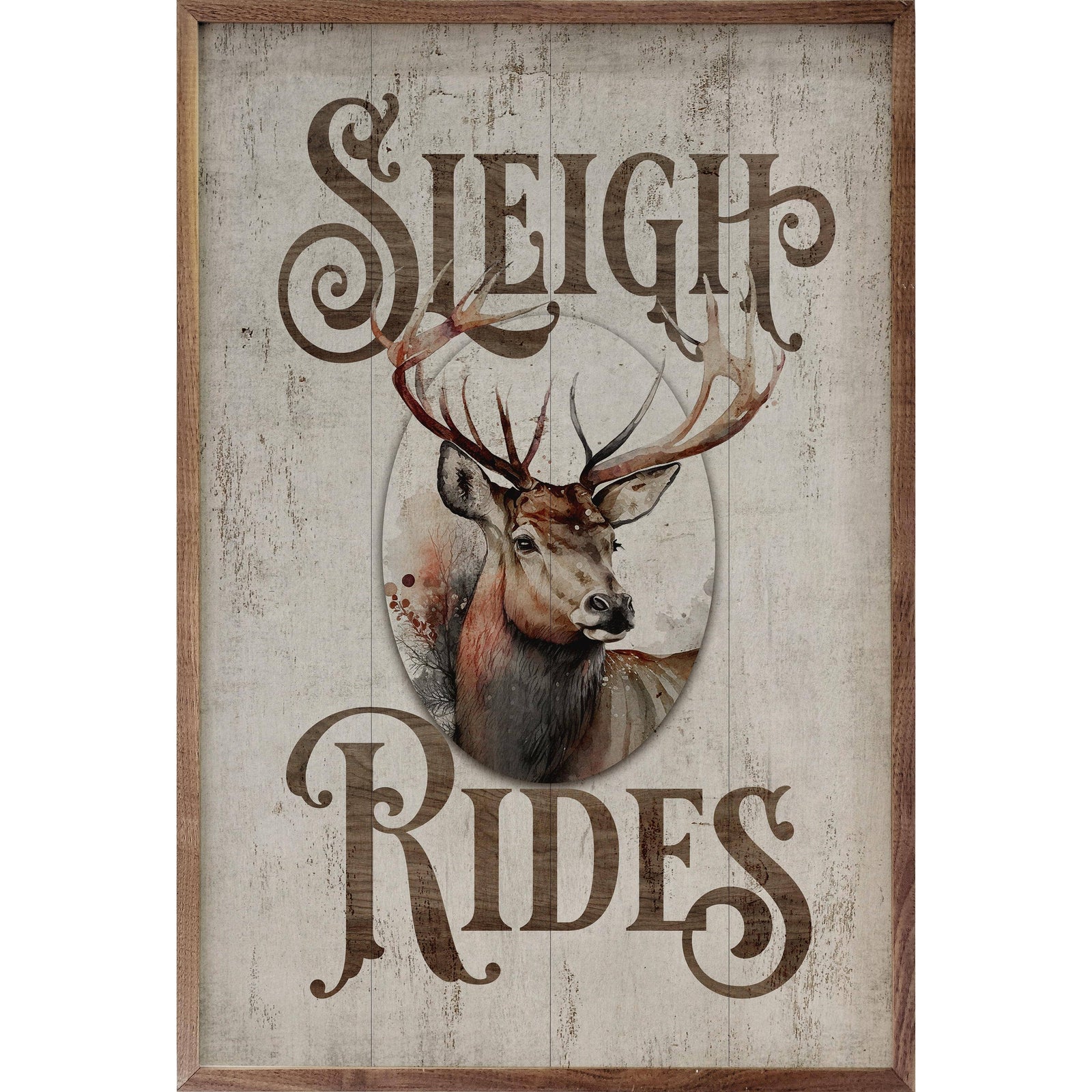 Kendrick Home Walnut Frames 5x8 Sleigh Rides Reindeer Classic Whitewash Printed and Framed Wall Sign