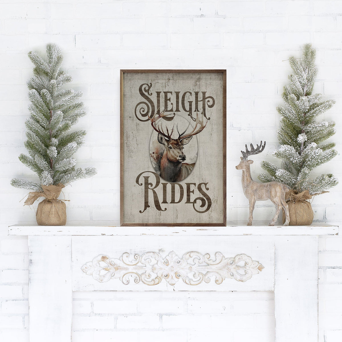 Kendrick Home Walnut Frames Sleigh Rides Reindeer Classic Whitewash Printed and Framed Wall Sign