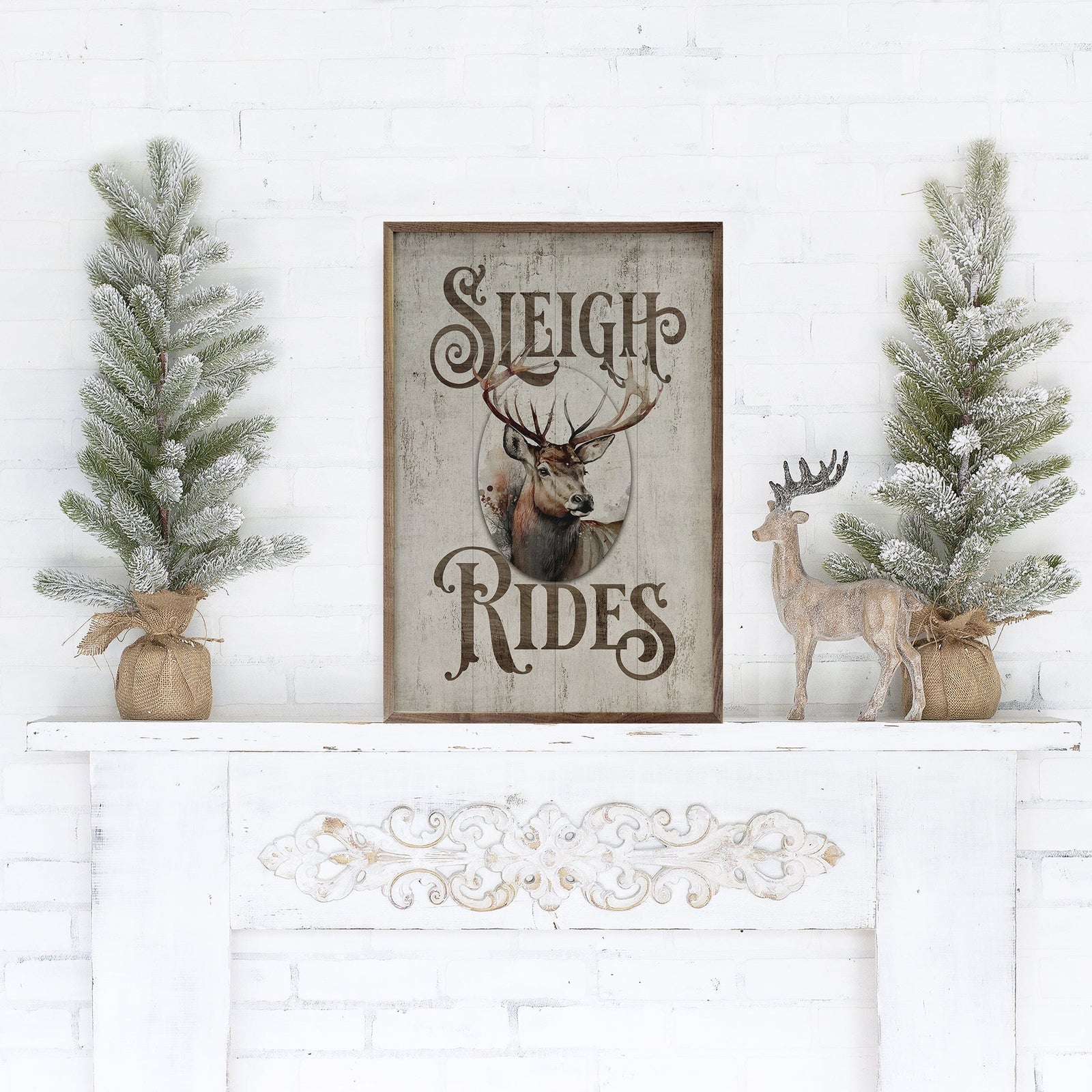 Kendrick Home Walnut Frames 5x8 Sleigh Rides Reindeer Classic Whitewash Printed and Framed Wall Sign