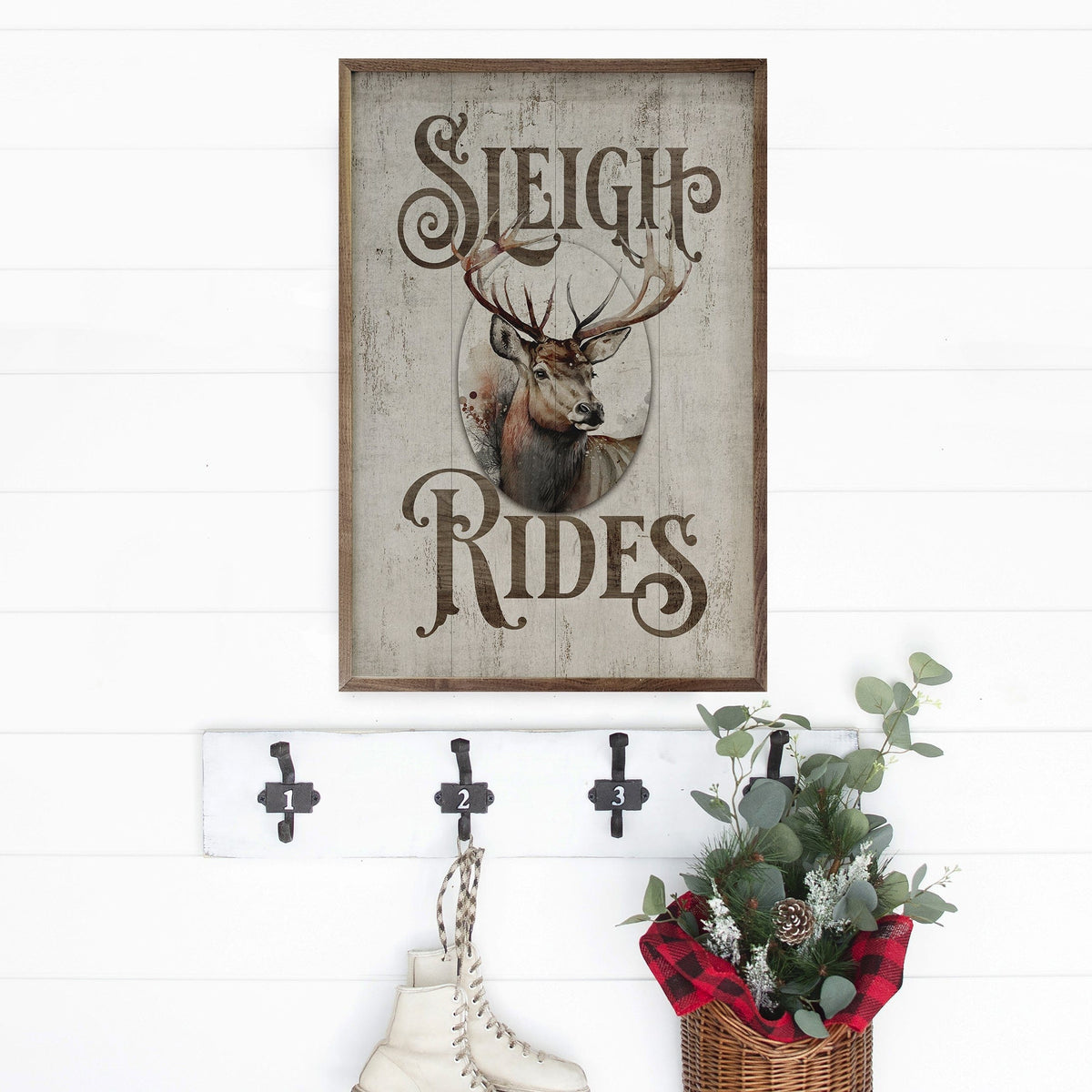 Kendrick Home Walnut Frames Sleigh Rides Reindeer Classic Whitewash Printed and Framed Wall Sign