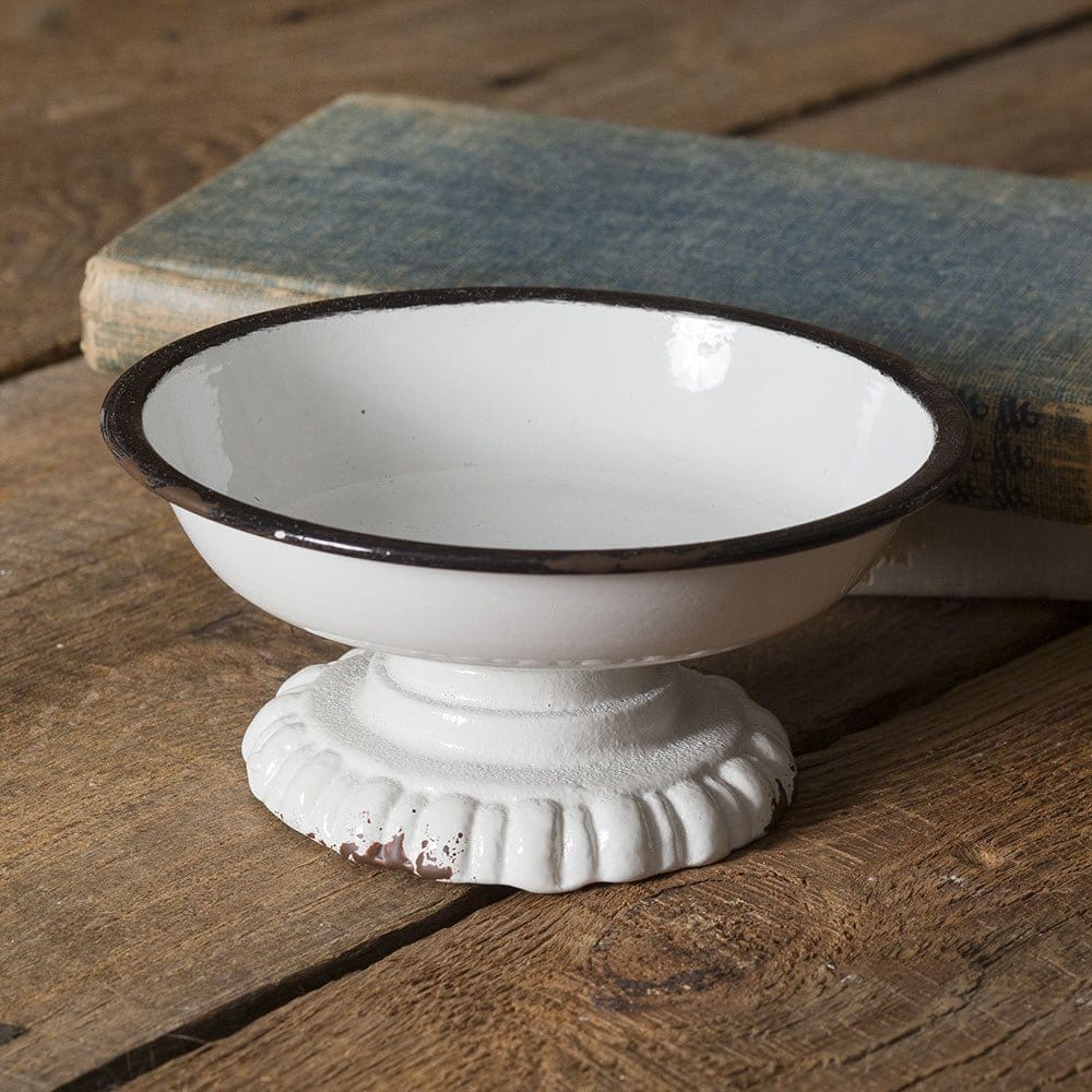 Small Pedestal Dish / Bowl With Black Trim Enamelware &amp; Cast Iron-CTW Home-The Village Merchant